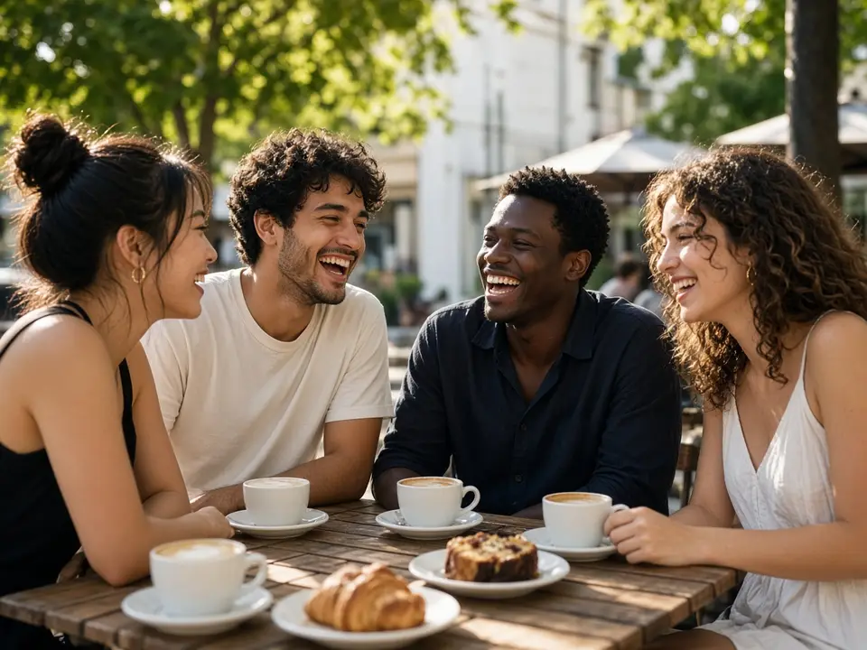 Friends laughing together at an outdoor café