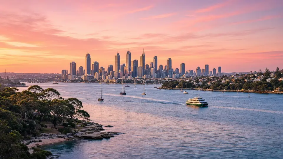 A sunny harbour at golden hour with a ferry and the city skyline