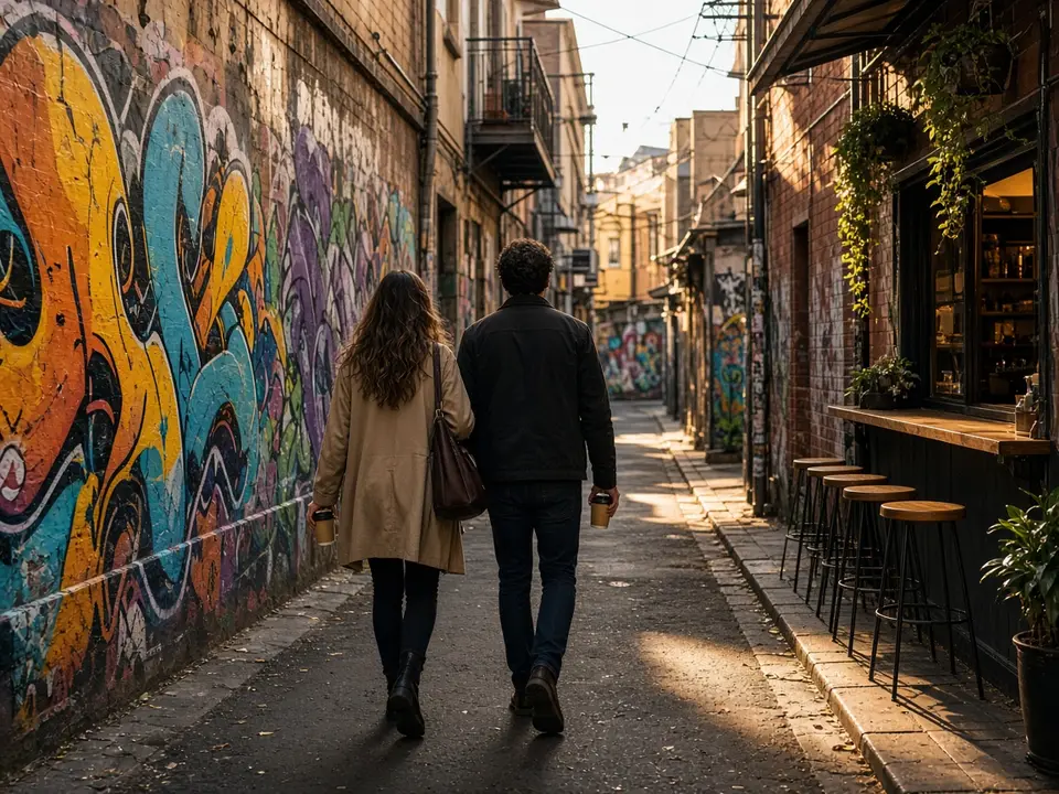 Two people walking down a street-art laneway with takeaway coffees